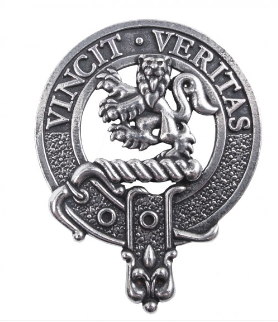 Baxter Clan Crest Badge in Pewter, featuring a traditional belted design perfect for wear at clan gatherings or as a cap badge.