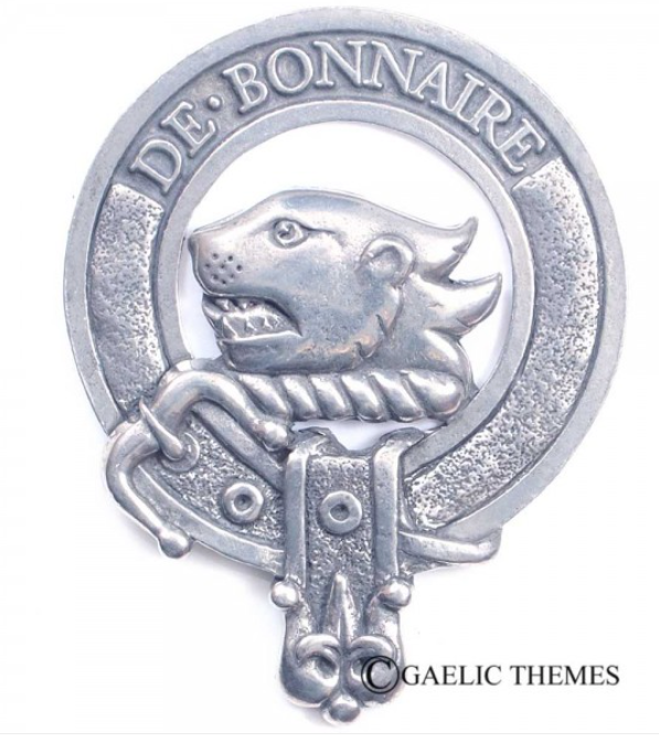 Bethune Clan Crest Badge in Pewter, featuring the traditional belted design suitable for wear as a cap badge or brooch pin.