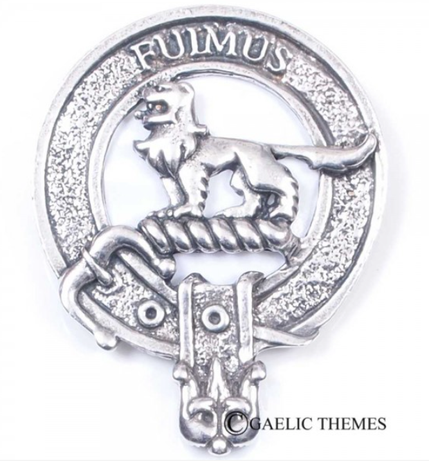 Bruce Clan Crest Badge in Pewter - A detailed view of the traditional belted design, showcasing the clan crest badge that can be worn as a cap or large brooch for clan gatherings.