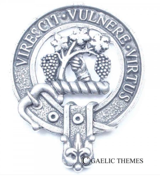 Burnett Clan Crest Badge in Pewter, featuring a traditional belted design, perfect for everyday wear or clan gatherings.