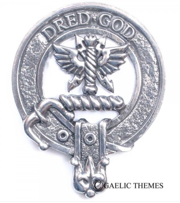 Carnegie Clan Crest Badge in Pewter, featuring a traditional belted design and made for wearing as a cap badge or brooch pin.