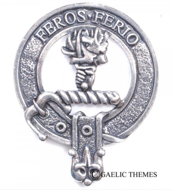 Chisholm Clan Crest Badge in Pewter, featuring a traditional belted design, perfect for everyday wear or clan gatherings.