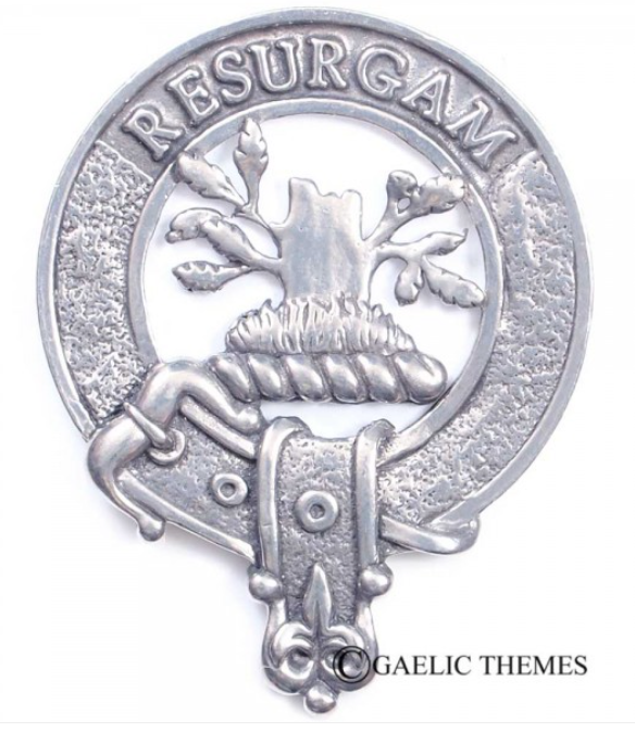 Crosbie Clan Crest Badge in Pewter featuring a traditional belted design, perfect for wear at clan gatherings or as a stylish cap badge.