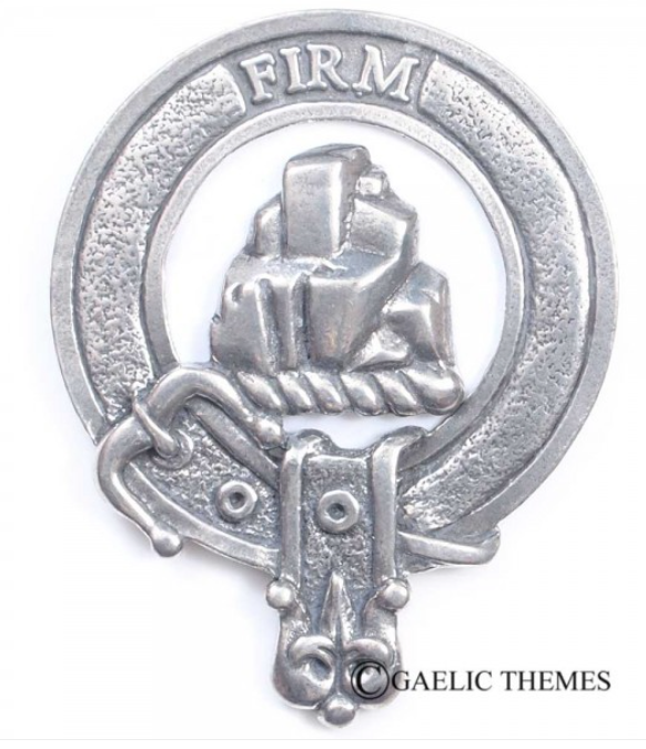 Dalrymple Clan Crest Badge in Pewter, showcasing a traditional belted design, ideal for cap or brooch wear, perfect for clan gatherings.