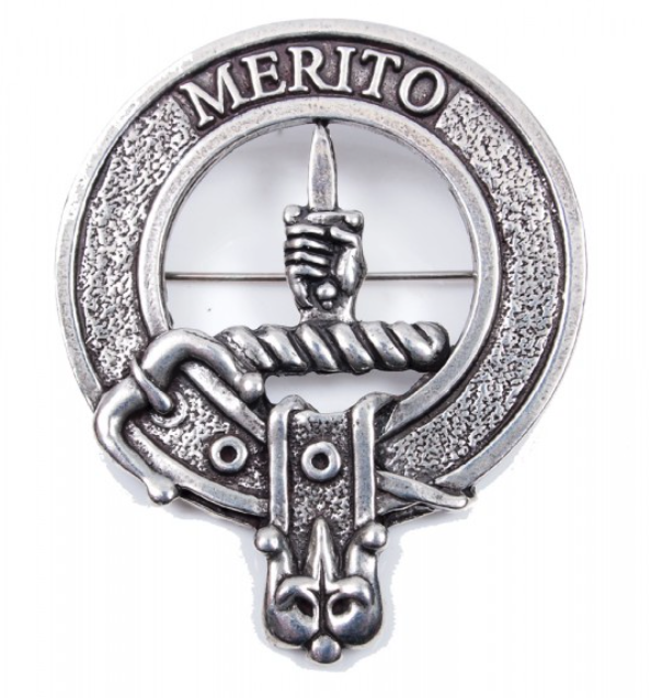 Dunlop Clan Crest Badge in Pewter worn as a cap badge or brooch, showcasing the traditional belted design symbolizing clan membership.