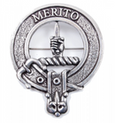 Dunlop Clan Crest Badge in Pewter worn as a cap badge or brooch, showcasing the traditional belted design symbolizing clan membership.