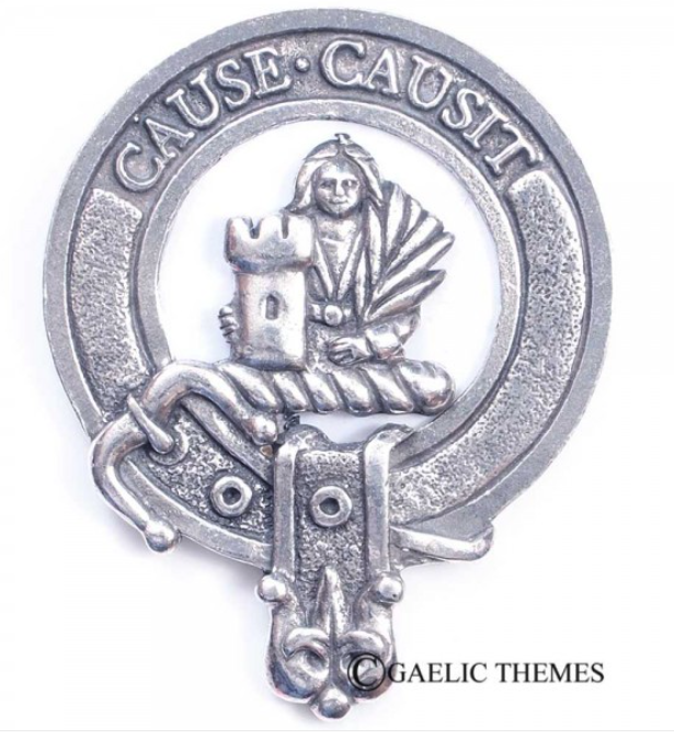 Elphinstone Clan Crest Badge made of pewter, featuring a traditional belted design suitable for wear at clan gatherings or as a cap badge.