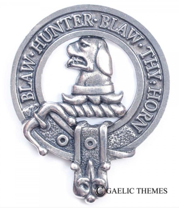 Forrester Clan Crest Badge in Pewter worn as a cap badge or brooch, showcasing the traditional belted design representing clan membership.