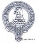 Forrester Clan Crest Badge in Pewter worn as a cap badge or brooch, showcasing the traditional belted design representing clan membership.