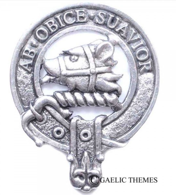 Galbraith Clan Crest Badge in Pewter, featured in a close-up view highlighting its intricate details and strong locking safety pin design.