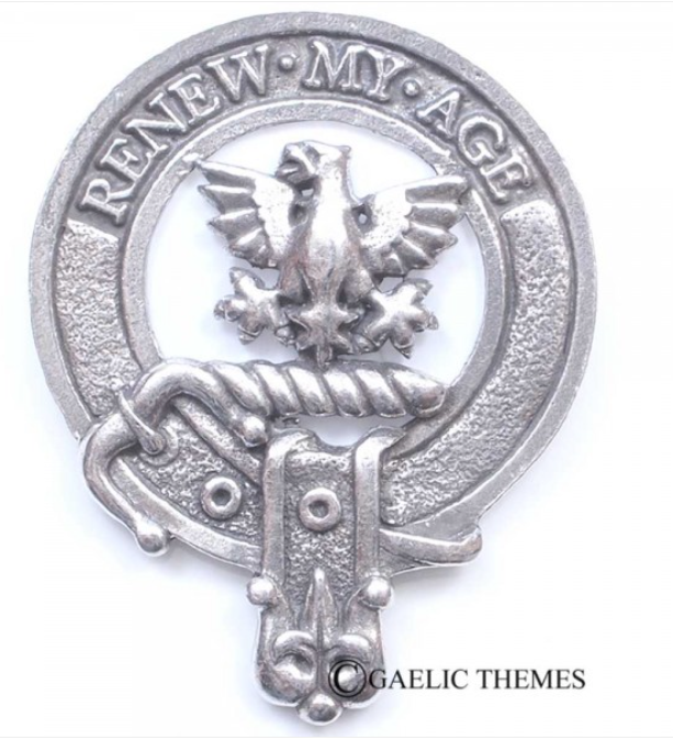 Gartshore Clan Crest Badge in Pewter displayed on a white background, showcasing its detailed belted design and traditional locking safety pin feature, perfect for clan gatherings and everyday wear.