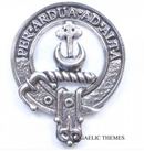 Hannay Clan Crest Badge in Pewter displayed as a stylish cap badge or brooch pin, featuring a traditional belted design representing the clansman belt.
