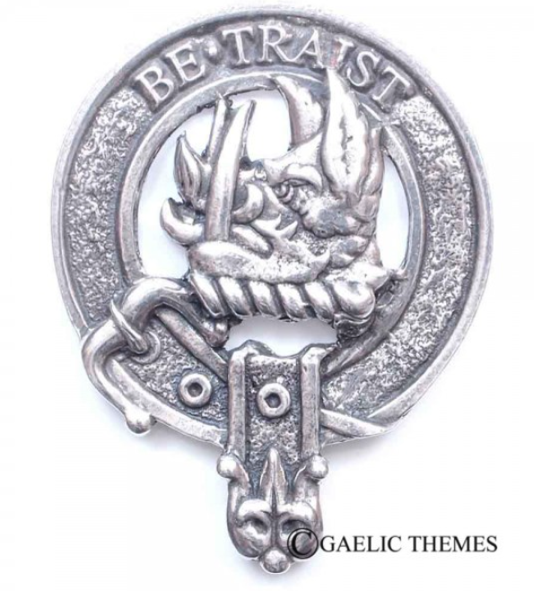 Innes Clan Crest Badge in Pewter, featuring a traditional design suitable for wear as a cap badge or brooch pin, perfect for clan gatherings.