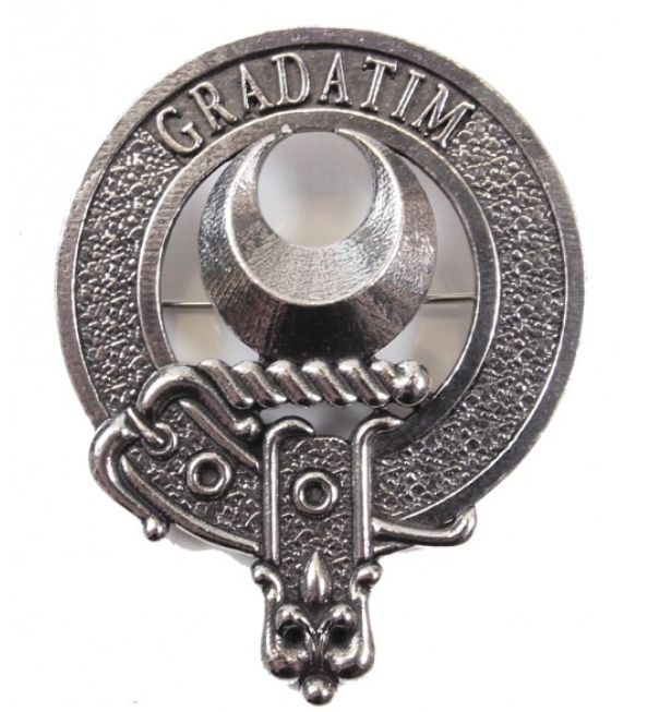 Kilgour Clan Crest Badge in Pewter displayed on a black background, showcasing its intricate belted design and traditional locking safety pin, perfect for cap or brooch use.