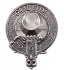 Kilgour Clan Crest Badge in Pewter displayed on a black background, showcasing its intricate belted design and traditional locking safety pin, perfect for cap or brooch use.