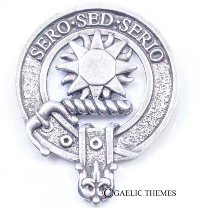 Kerr Clan Crest Badge in Pewter, a traditional design featuring the belted clansman emblem, perfect for everyday wear or clan gatherings.