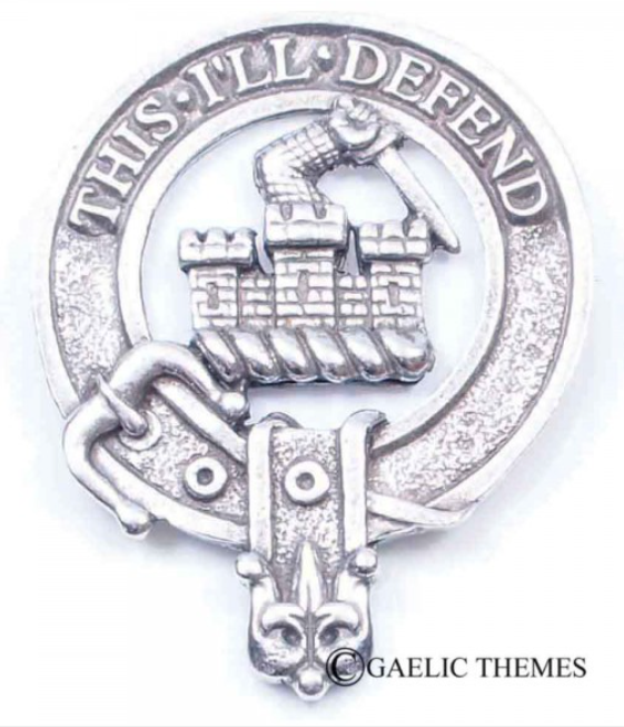 Kincaid Clan Crest Badge in Pewter featuring a traditional belted design, perfect for cap or brooch wear, approx. size 2"x2.5".