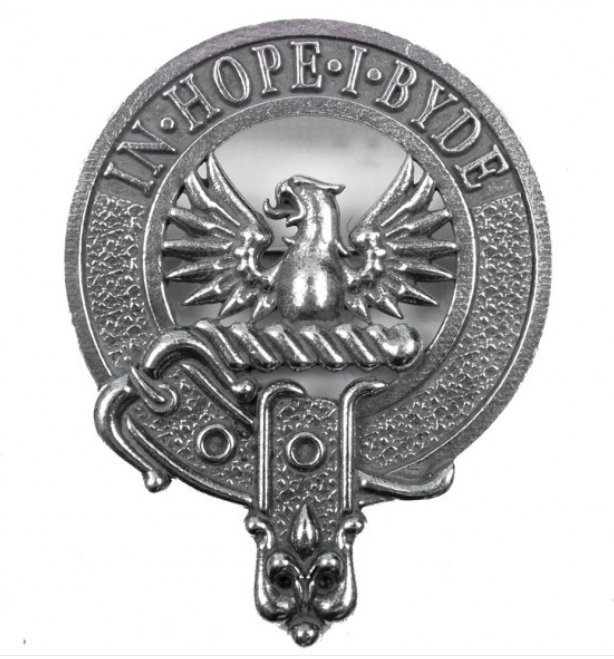 MacDonald of Ardnamurchan Clan Crest Badge in Pewter, a traditional cap badge or brooch featuring a belted design representing the clan member.