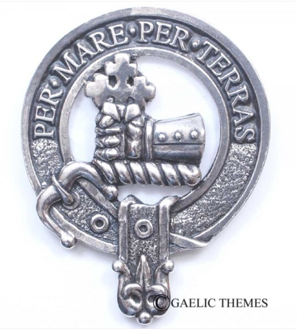 MacDonald of Sleat Clan Crest Cap Badge in pewter, featuring a traditional belted design, perfect for informal wear and clan gatherings.