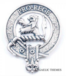 MacFie Clan Crest Badge in Pewter featuring a traditional belted design, perfect for cap or brooch wear at clan gatherings.