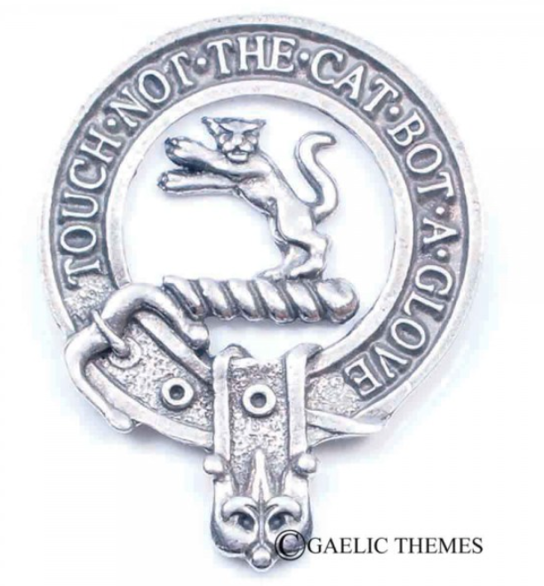 MacIntosh Clan Crest Badge in Pewter, showcasing a traditional belted design, perfect for clan gatherings or daily wear. This stylish cap badge or brooch features a strong locking safety pin for durability.