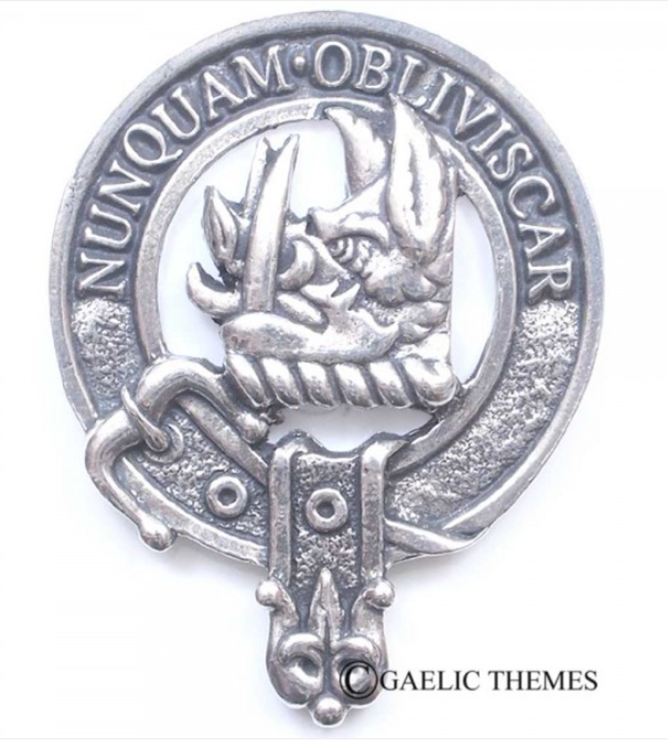 MacIver Clan Crest Badge in Pewter, 2x2.5 inches, ideal for wearing as a cap badge or large brooch pin, showcasing traditional design elements.