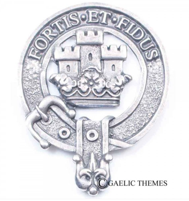 MacLachlan Clan Crest Badge in Pewter showcased as a cap badge with traditional belted design, ideal for clan gatherings and everyday wear.