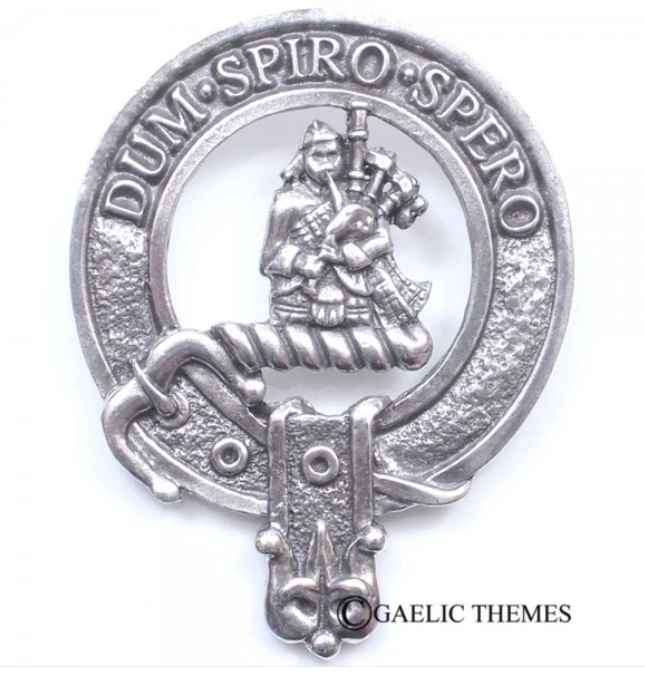 MacLennan Clan Crest Badge in Pewter, showcasing a traditional design featuring a clansman belt wrapped around the clan crest, perfect for wear at clan gatherings.