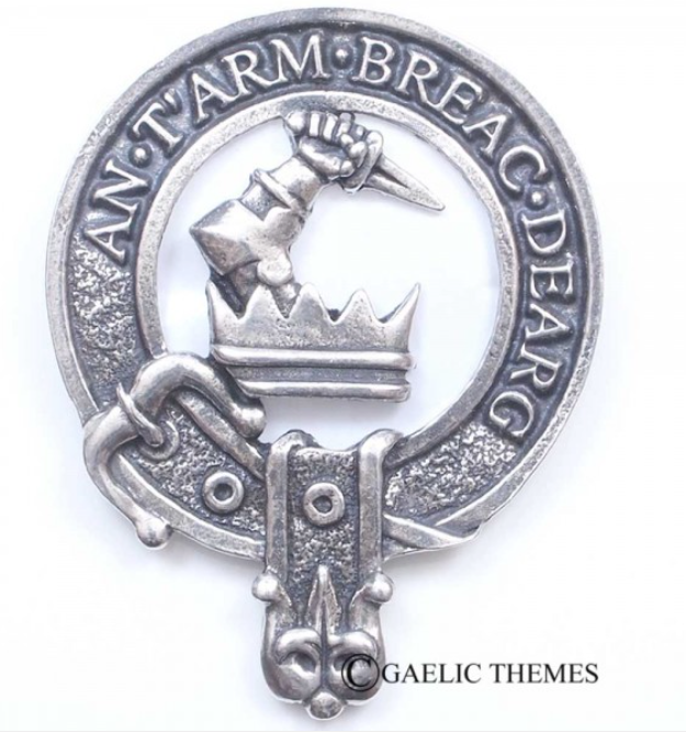 MacQuarrie Clan Crest Badge in Pewter, a stylish pewter badge featuring the traditional belted design for cap or brooch wear.