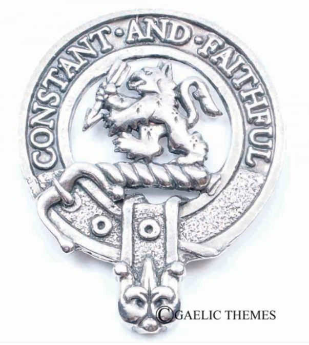 MacQueen Clan Crest Badge in Pewter, featuring a traditional belted design and ideal for everyday wear or clan gatherings