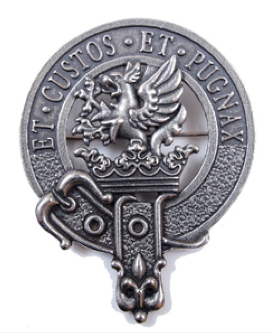 Marjoribanks Clan Crest Badge in Pewter, featuring a traditional belted design, perfect for everyday wear or clan gatherings.