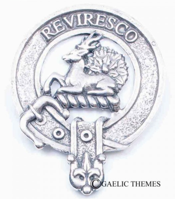 Maxwell Clan Crest Badge in Pewter displayed prominently, showcasing its traditional belted design, perfect for everyday wear and clan gatherings.