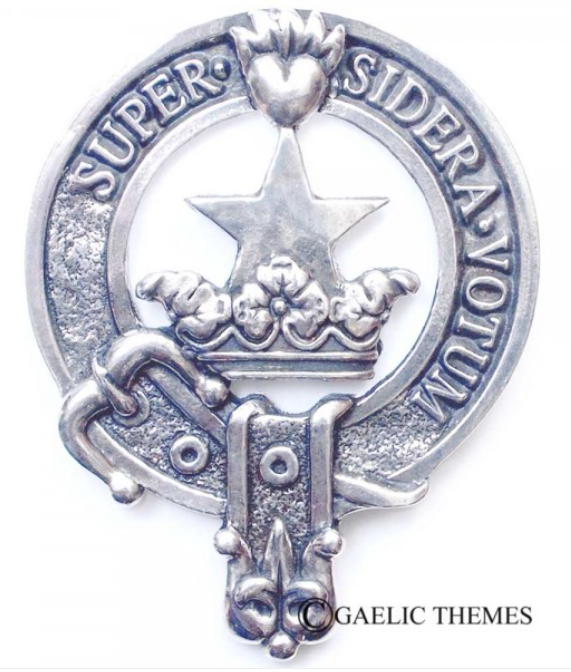 Rattray Clan Crest Badge in Pewter, a stylish accessory for clan gatherings and everyday wear, featuring the traditional belted design.