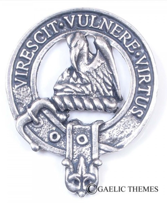 Detailed view of Stewart Clan Crest Badge in Pewter, perfect for clan gatherings or everyday wear.