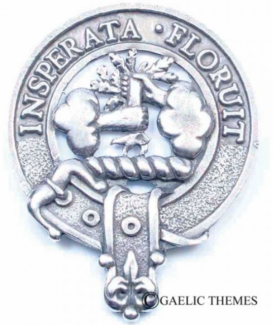 Watson Clan Crest Badge in Pewter featuring a traditional belted design, perfect for everyday wear or clan gatherings.