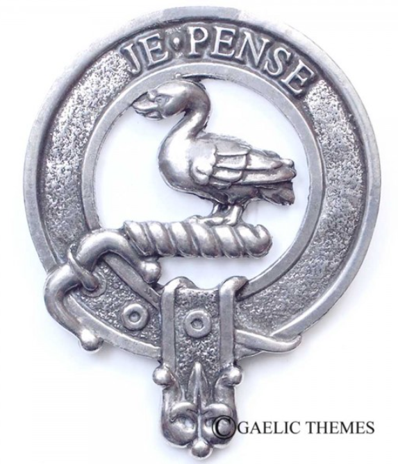 Wemyss Clan Crest Badge in Pewter showcasing the traditional belted design, perfect for everyday wear and clan gatherings, featuring a secure locking safety pin.