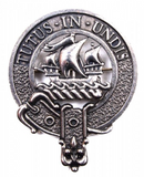 Wood Clan Crest Badge in Pewter worn as a brooch pin highlighting its use at clan gatherings.