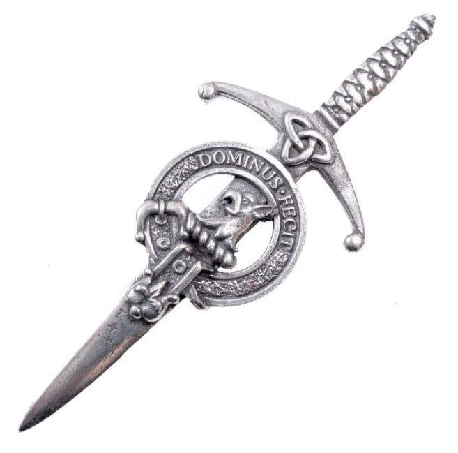 Clan Crest Pewter Kilt Pin with Baird Crest, showcasing a traditional broadsword style design in antique palladium finish, perfect for Scottish heritage enthusiasts.