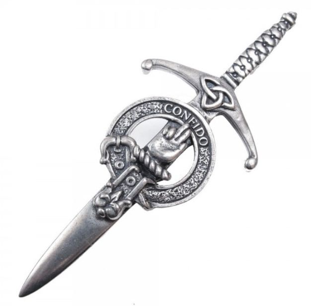 Clan Crest Pewter Kilt Pin with Boyd Crest, showcasing an antique palladium finish and intricate Scottish design, perfect for adding character to traditional attire.