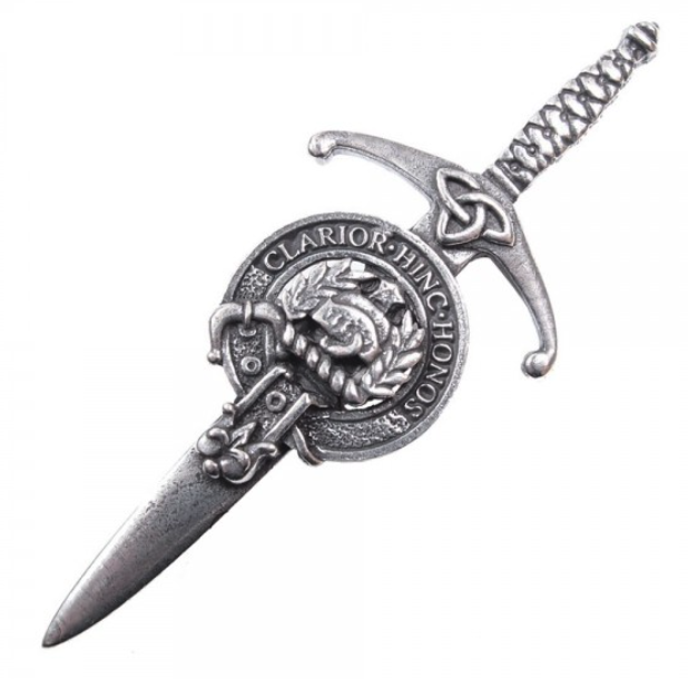Clan Crest Pewter Kilt Pin featuring the Buchanan Crest, elegantly crafted from quality pewter with an antique palladium finish. Perfect accessory for any Scottish kilt.