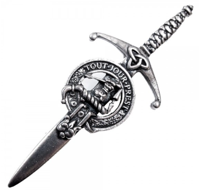 Clan Crest Pewter Kilt Pin with Carmichael Crest, showcasing an antique palladium finish, handmade in Scotland with over 200 clan crests available.
