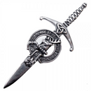 Clan Crest Pewter Kilt Pin with Colquhoun Crest featuring an antique palladium finish, crafted in Scotland from high-quality pewter, perfect for showcasing Scottish heritage.
