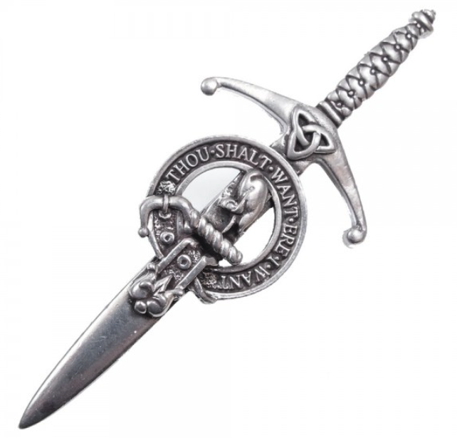 Clan Crest Pewter Kilt Pin with Cranston Crest featuring an antique palladium finish, perfect for showcasing your Scottish heritage.