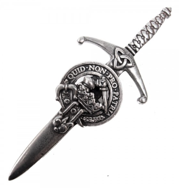 Clan Crest Pewter Kilt Pin with Dewar Crest displayed elegantly with an antique palladium finish, perfect for showcasing Scottish heritage.