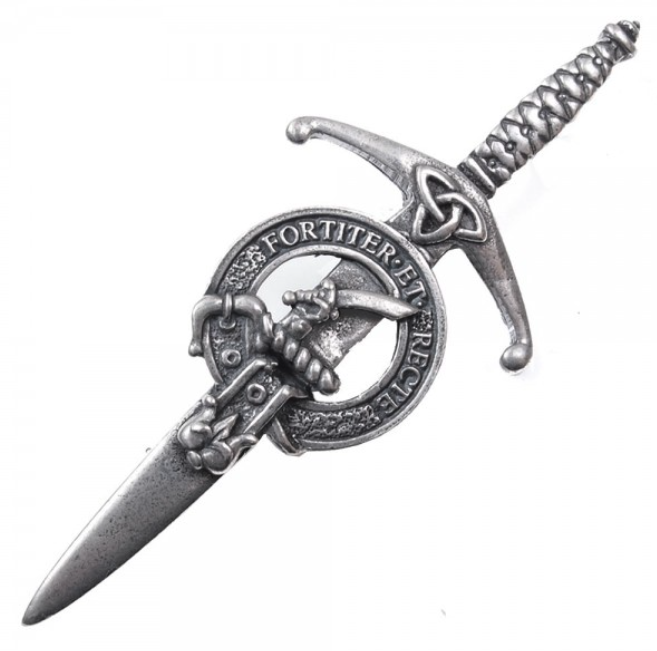 Clan Crest Pewter Kilt Pin featuring Elliot Crest, handcrafted in Scotland with antique palladium finish, perfect for adding a touch of tradition to your attire.