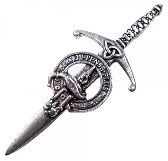 Clan Crest Pewter Kilt Pin with Erskine Crest featuring a traditional broadsword design and antique palladium finish, perfect for showcasing Scottish heritage.