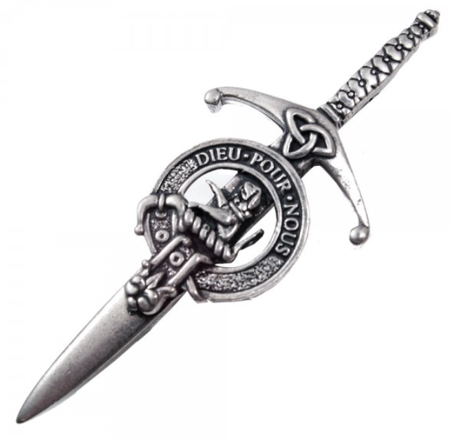 Clan Crest Pewter Kilt Pin with Fletcher Crest featuring an antique palladium finish, hand-cast in Scotland, and approved by the Standing Council of Scottish Chiefs, perfect for traditional Scottish attire.