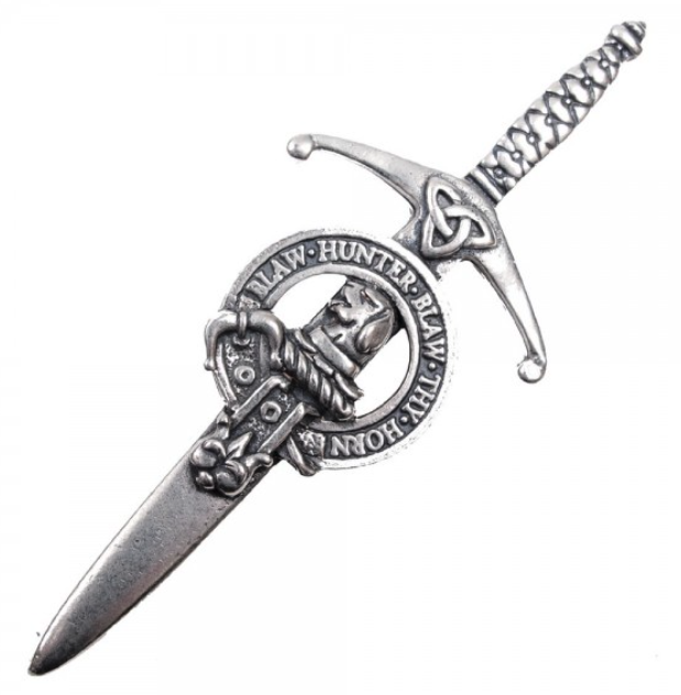 Clan Crest Pewter Kilt Pin with Forrester Crest, featuring a traditional broadsword design in antique palladium finish, perfect for showcasing Scottish heritage.