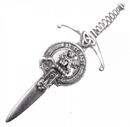 Clan Crest Pewter Kilt Pin with Fotheringham Crest, featuring a broadsword design and antique palladium finish, handcrafted in Scotland using traditional pewter.
