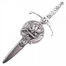Clan Crest Pewter Kilt Pin with Gartshore Crest, featuring an antique palladium finish, crafted from traditional Scottish pewter, measuring approximately 3.5 inches long.
